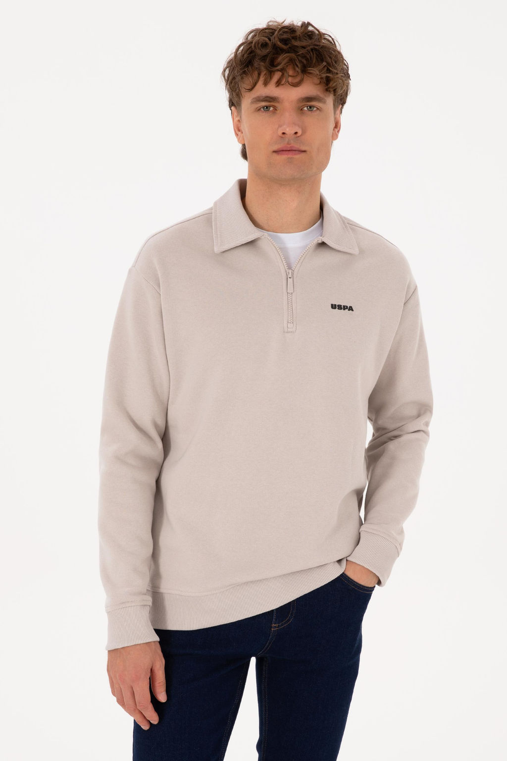 Erkek Regular Fit Yar_m Fermuarl_ Ta_ Basic Sweatshirt