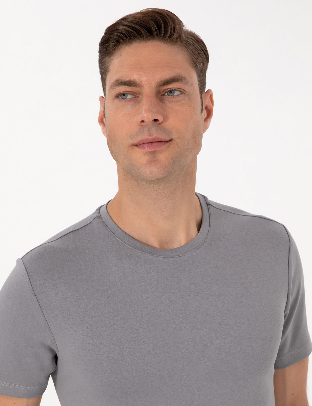 Gri Regular Fit Kal_n Dokulu Bisiklet Yaka Basic Ti__rt