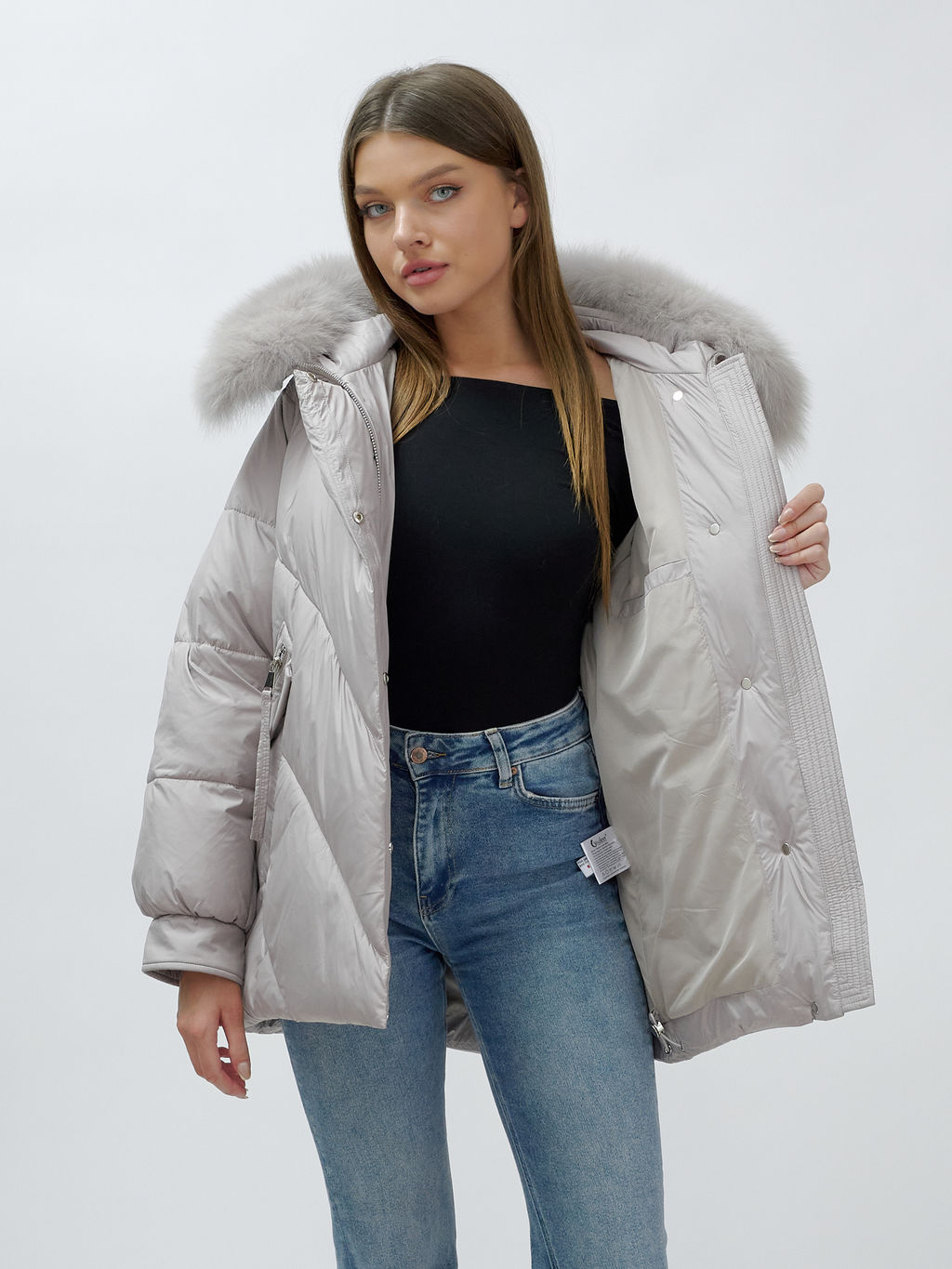 Полупальто женское зимние с мехом песец люкс класса серого цвета 6227Sr - Mtforce фото 16