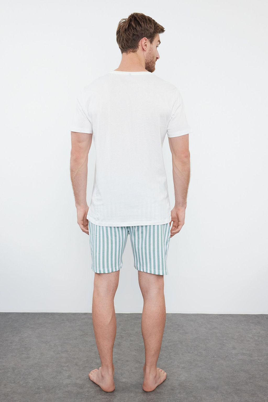 TRENDYOL MAN Mavi Ekru Cizgili Regular Fit Couple/Cift Orme Sortlu %100 Pamuklu Pijama Tak?m? TMNSS24PT00017 - Trendyolmilla фото 5