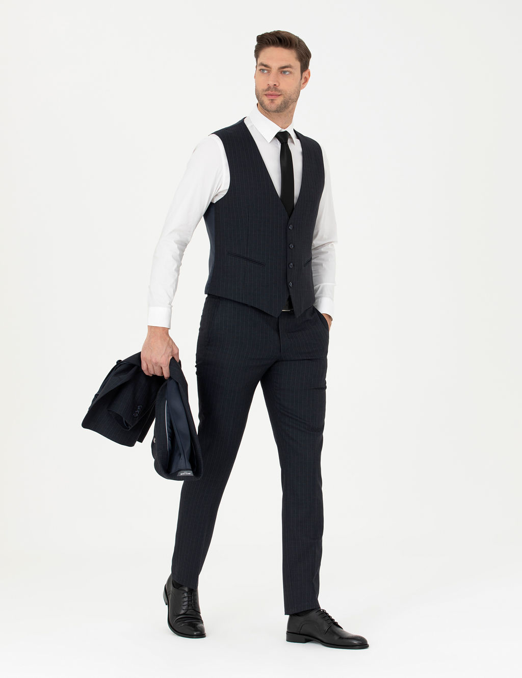 Lacivert Slim Fit _izgili Yelekli Tak_m Elbise