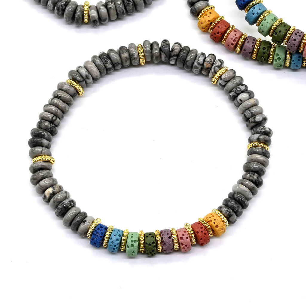 Браслет из яшмы мраморной диски 6*2мм со вставками из лавы, 16см