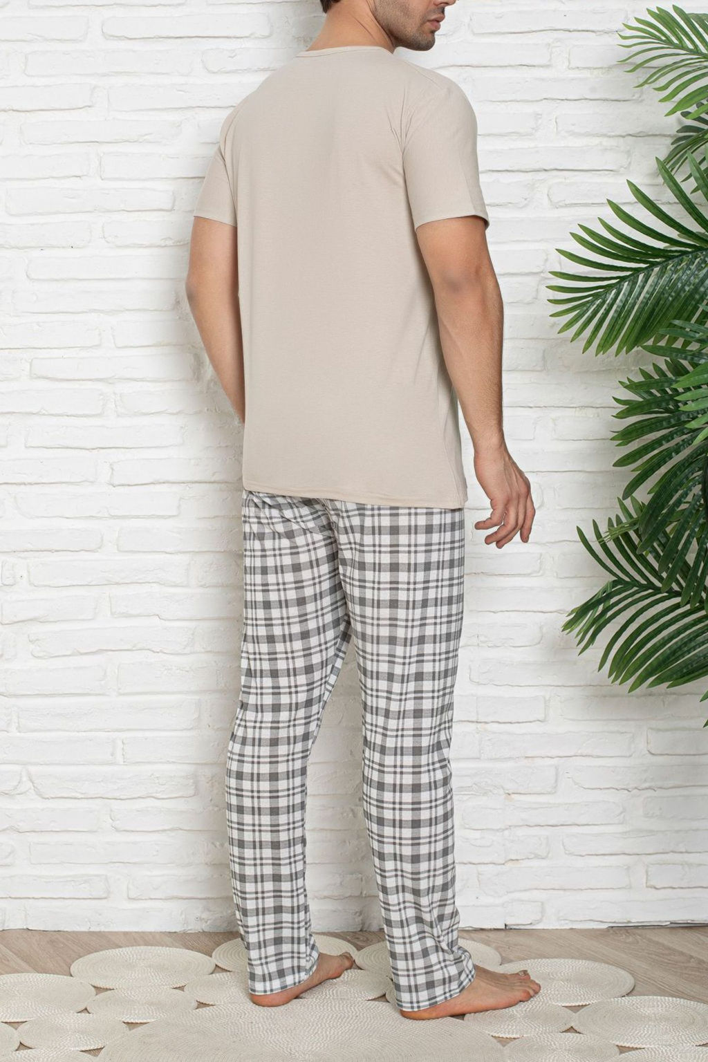 Trendyolmilla Man Bej Regular Fit Ay?c?k Bask?l? Ekose Orme Pijama Tak?m? TMNSS25PT00038  фото 2