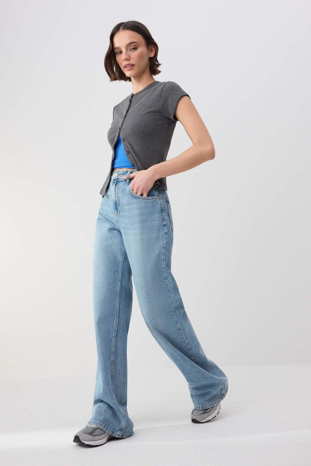 Trendyolmilla Wardrope Essentials Mavi D_k_ml_ Y_ksek Bel %100 Pamuk Wide Leg Jeans TWOSS26JE00122  фото 3