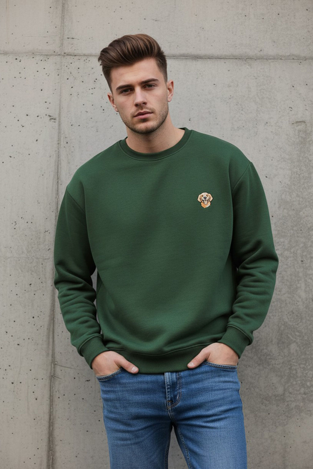 Haki Bisiklet Yaka Oversize/Genis Kesim Ici Polarl? Kopek Nak?s Sweatshirt TMNAW24SW00064