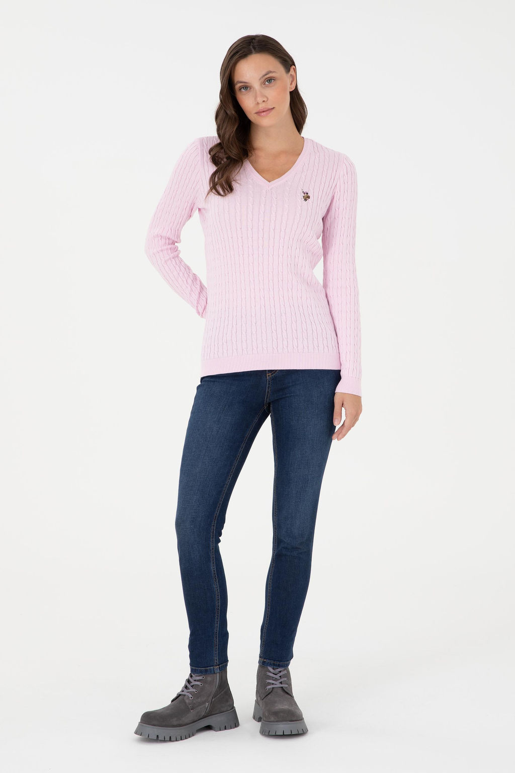 Женский розовый базовый свитер с v-образным вырезом Неожиданная скидка в корзине - U.s. polo assn фото 4
