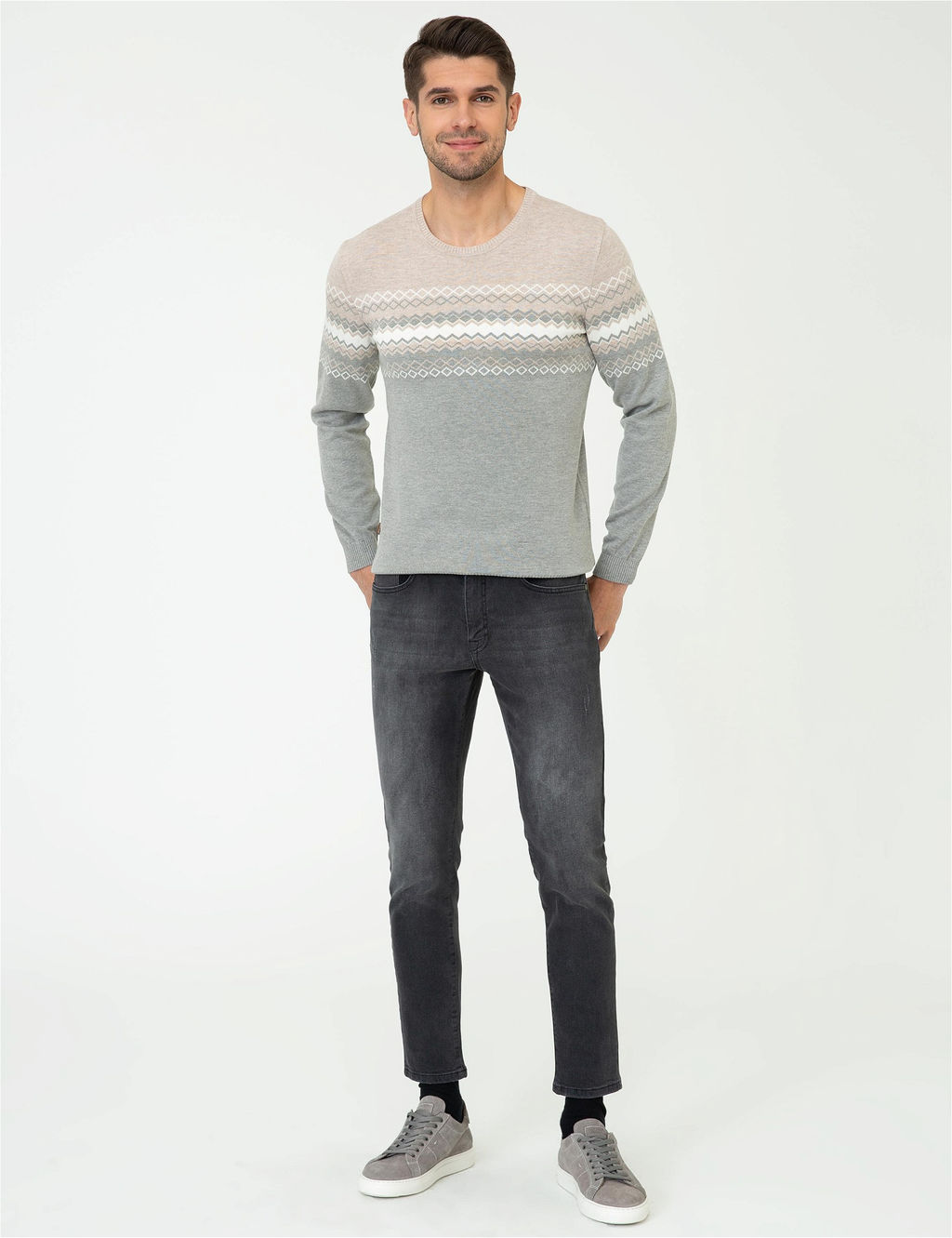 A__k Gri Melanj Slim Fit Fermuarl_ Triko H_rka