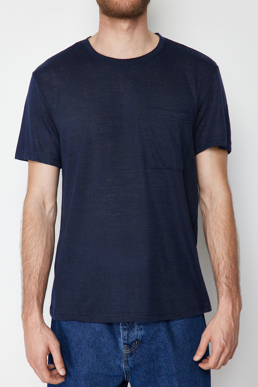 Lacivert Regular/Normal Kesim Cepli Keten Gorunumlu K?sa Kol T-Shirt TMNSS24TS00046 - Trendyolmilla фото 4