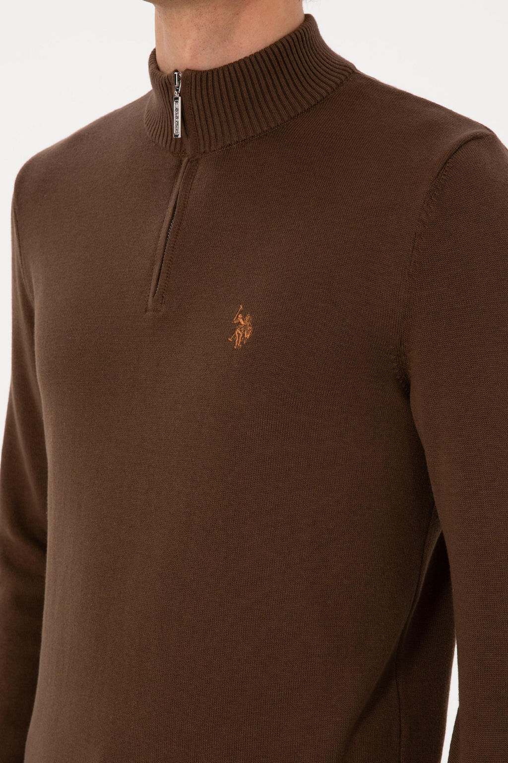 Erkek Slim Fit Yar_m Fermuarl_ Kahverengi Basic Kazak - U.s. polo assn фото 7