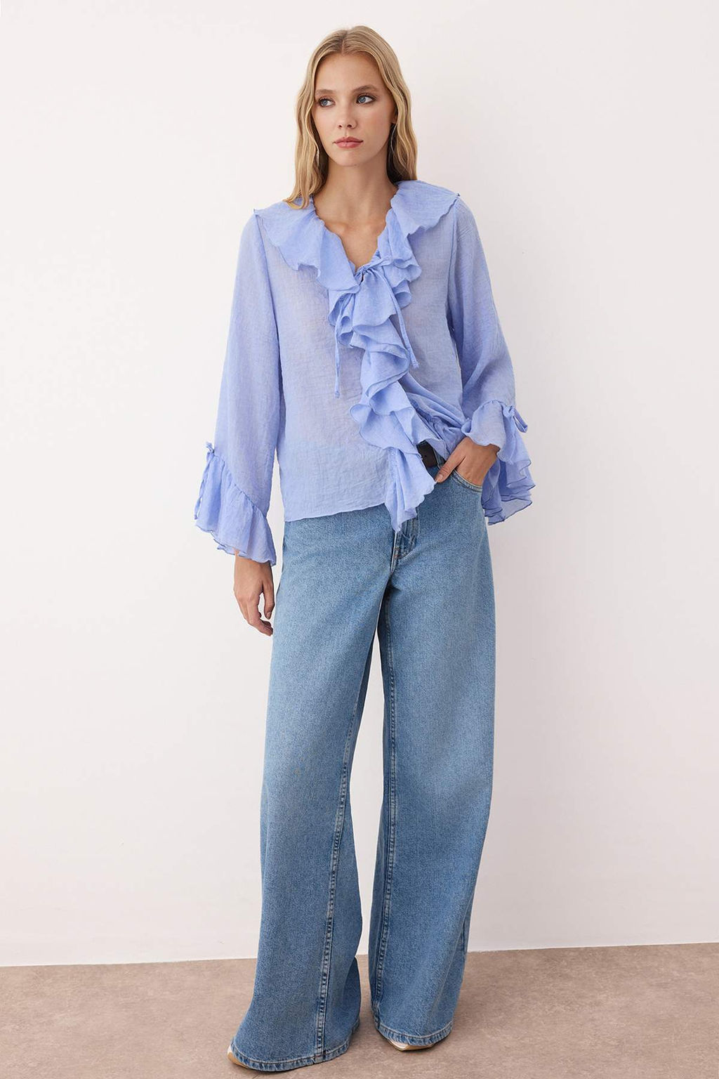 Trendyolmilla Bej F?rf?rl? Bohem Ince Pamuklu Kumas Uzun Kol Dokuma Bluz TWOSS25BZ00551 фото 2