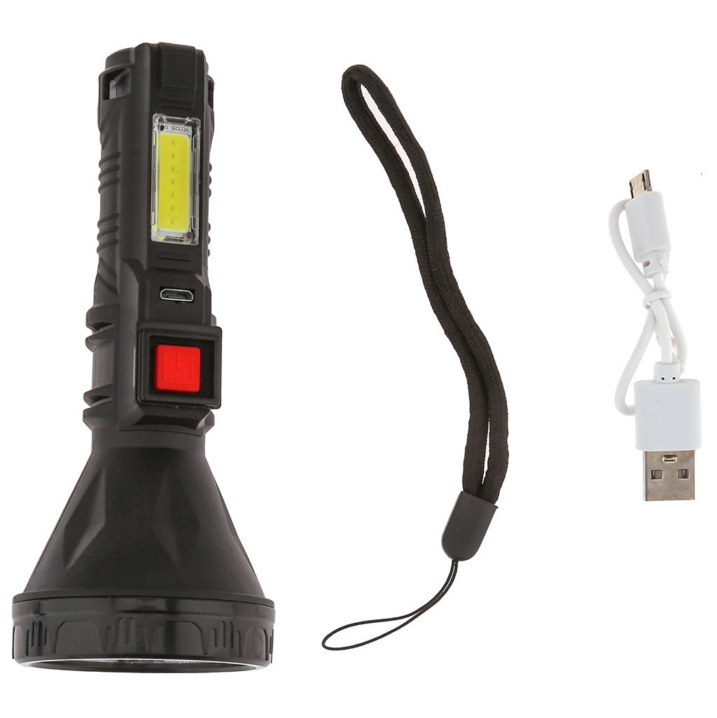 Фонарь ручной 14х5,8х5,8см, 4 режима свечения: максимальный; экономичный; сигнальный; боковой на панеле корпуса, две светодиодные лампы OSL/COB LED, встроенный аккумулятор емкостью 800 мАч, пластиковый корпус, цвет - черный, с USB зарядкой, USB-кабел - Домашняя мода фото 5