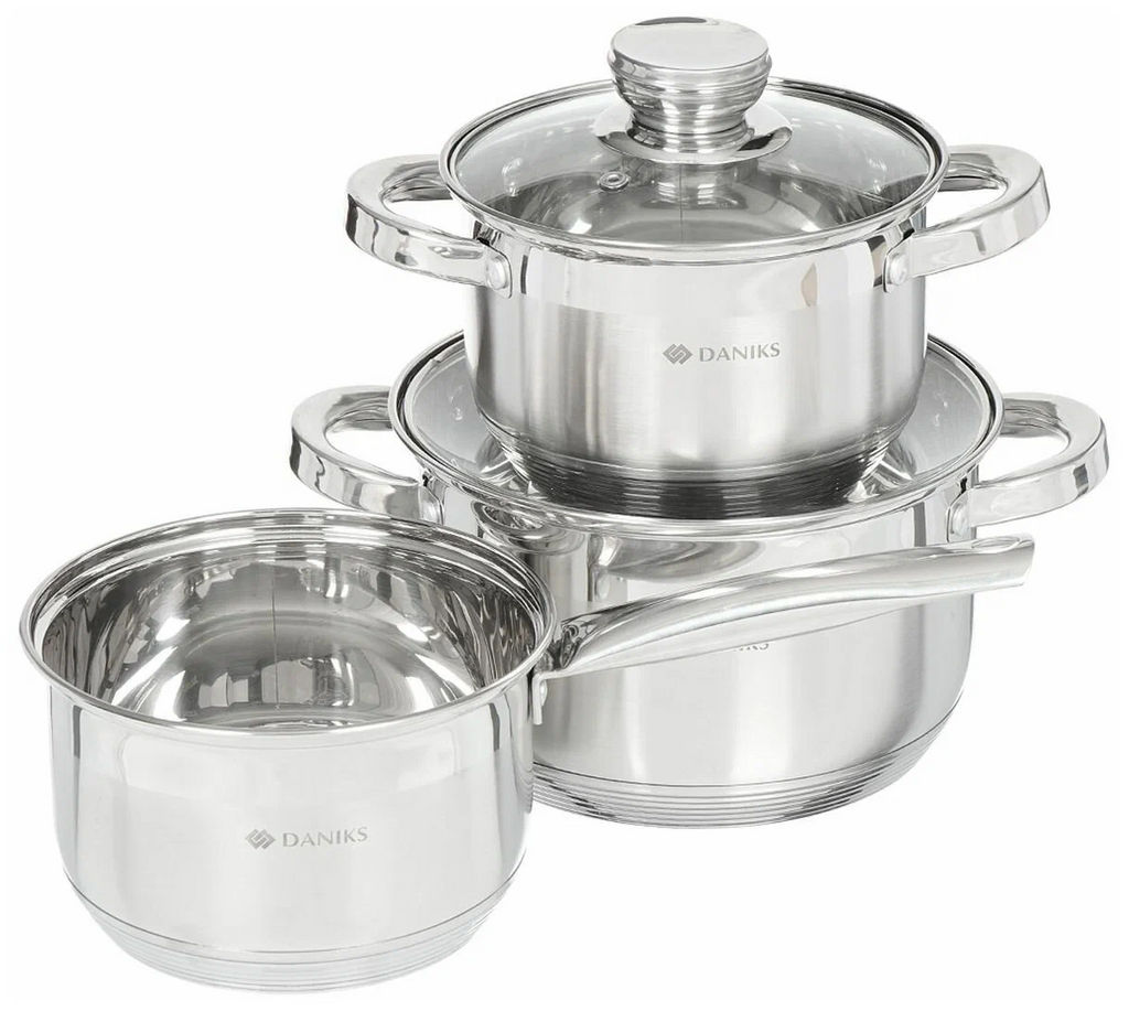 Набор пос нерж 5пр СТАНДАРТ (2л, 4л, ковш 2л, 2 стекл. крышки) мет/ручки Daniks SD-5-2 (298433)  фото 2