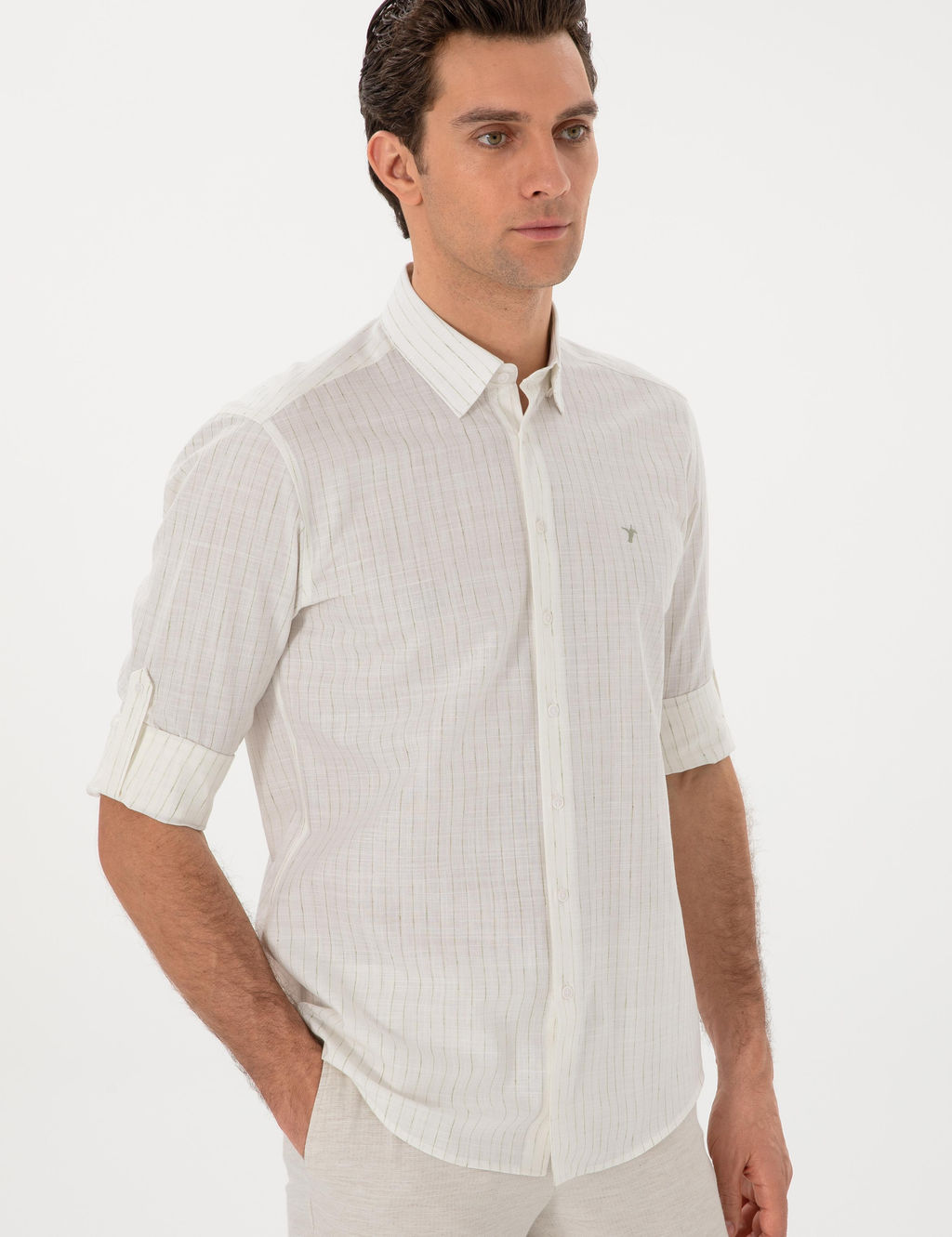 Haki Regular Fit Keten Kar___ml_ _izgili G_mlek