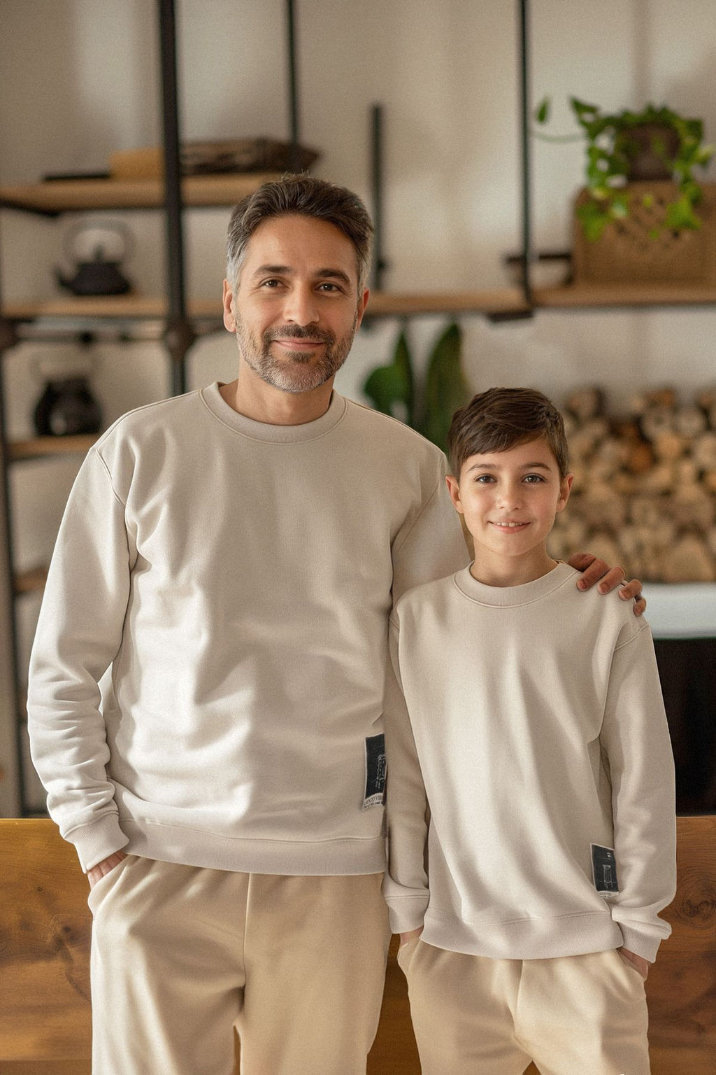 Bej*004 Erkek Cocuk Baba-Ogul Bask?l? Orme Mini Me Sweatshirt TKDAW25SW00070
