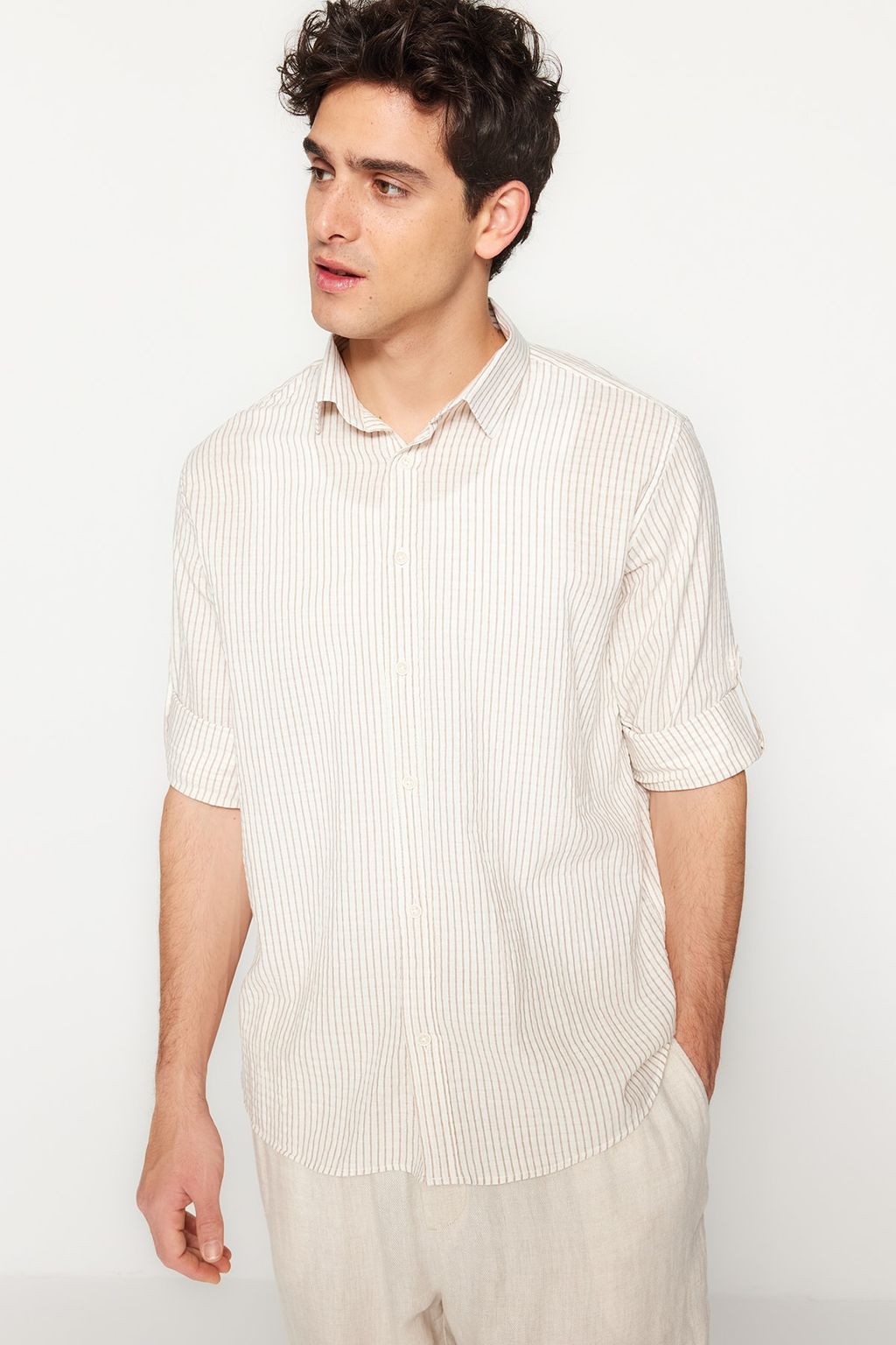 Camel Regular Fit Keten Kar?s?ml? Cizgili Gomlek TMNSS23GO00134