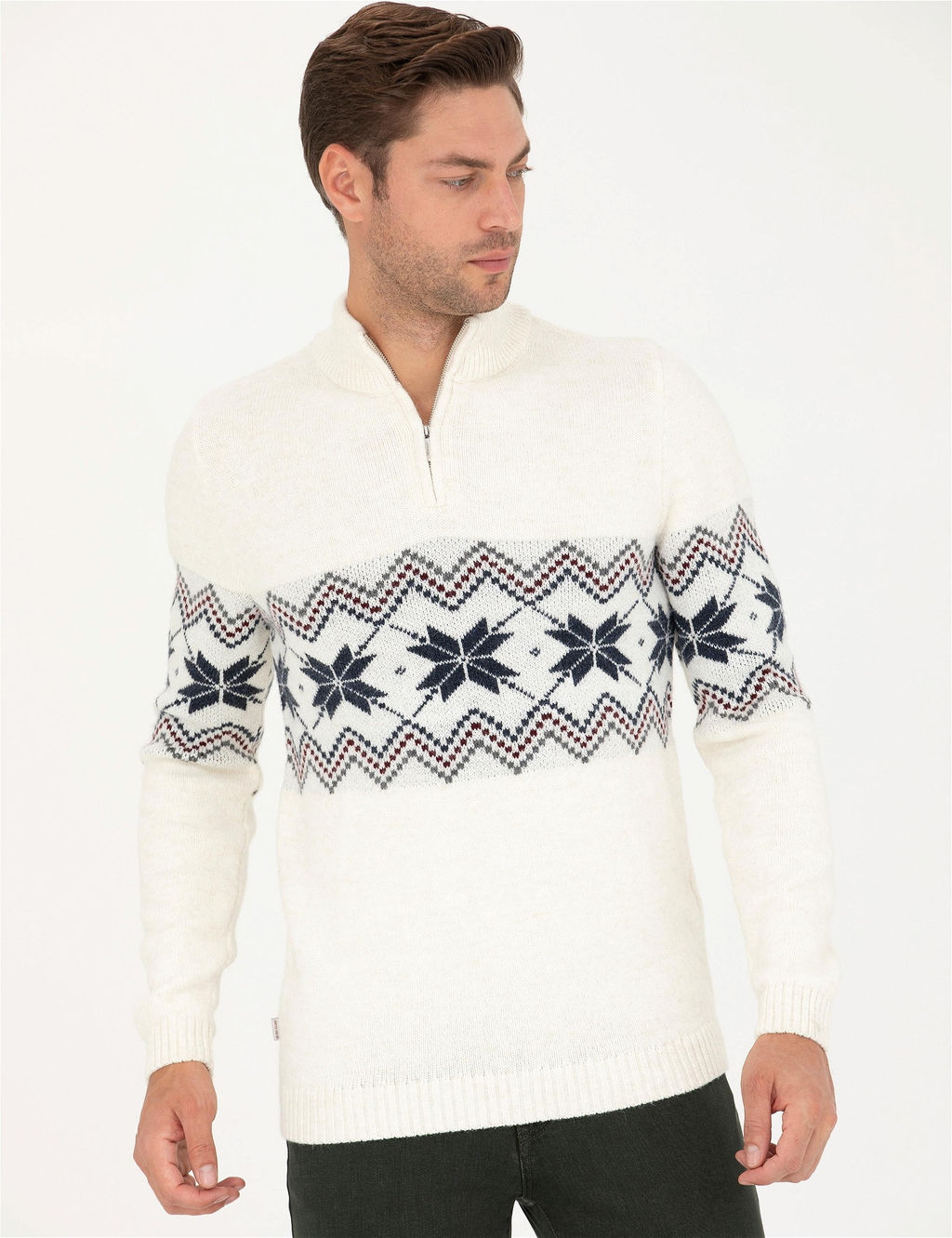 Ekru Slim Fit Fermuarl_ Polo Yaka Triko Kazak