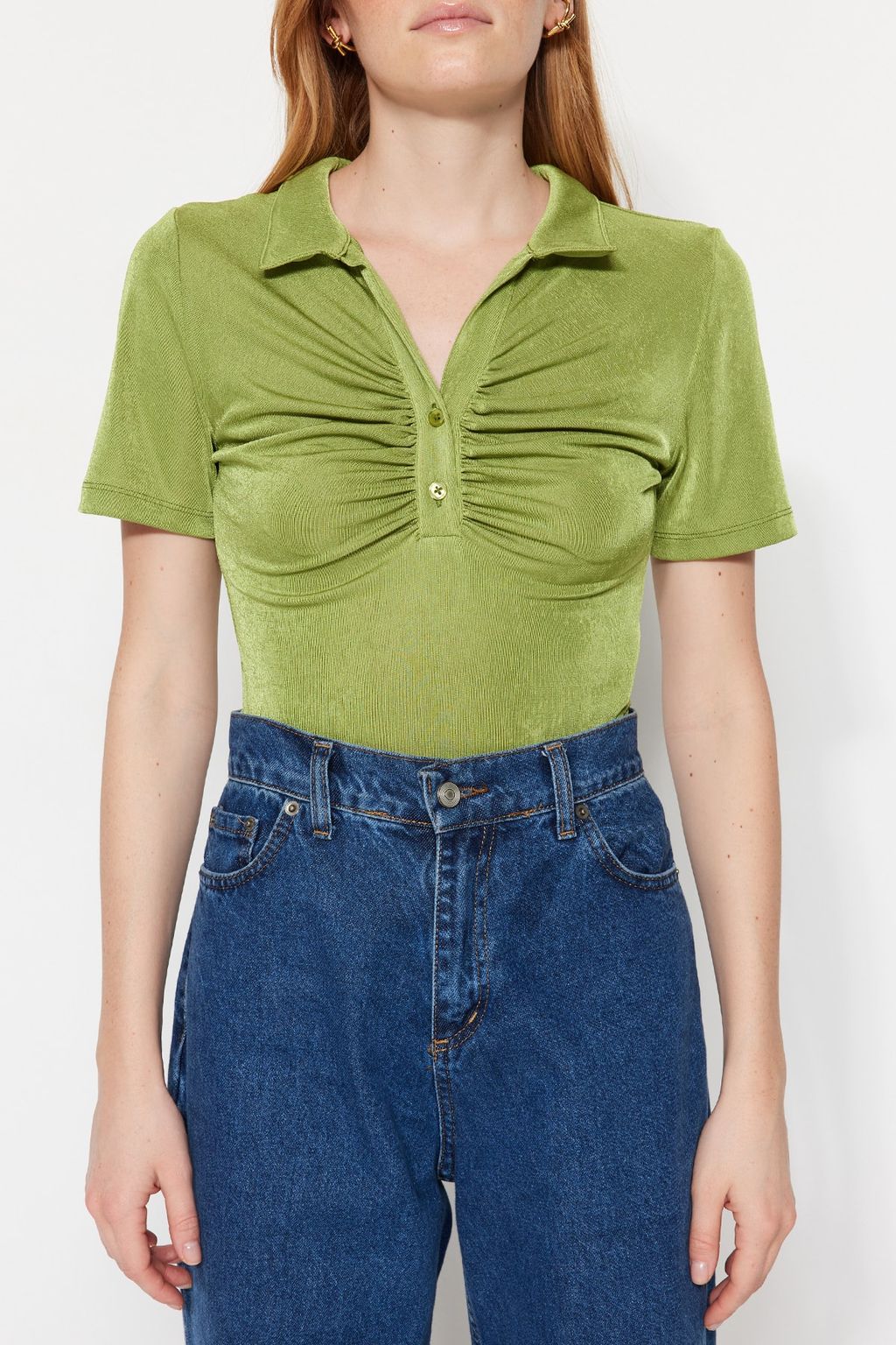 Yesil Parlak Yuzeyli ve Yumusak Dokulu Polo Yaka C?tc?tl? Orme Body TWOSS23BD00059