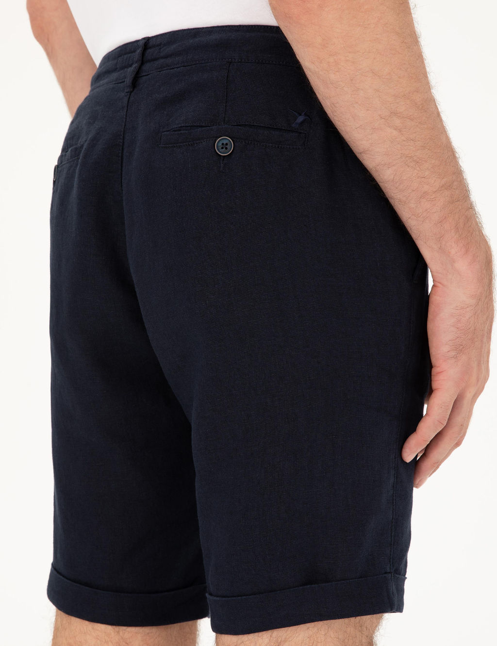 Темно-синие льняные шорты стандартного кроя с эластичной резинкой на талии - Cacharel фото 6