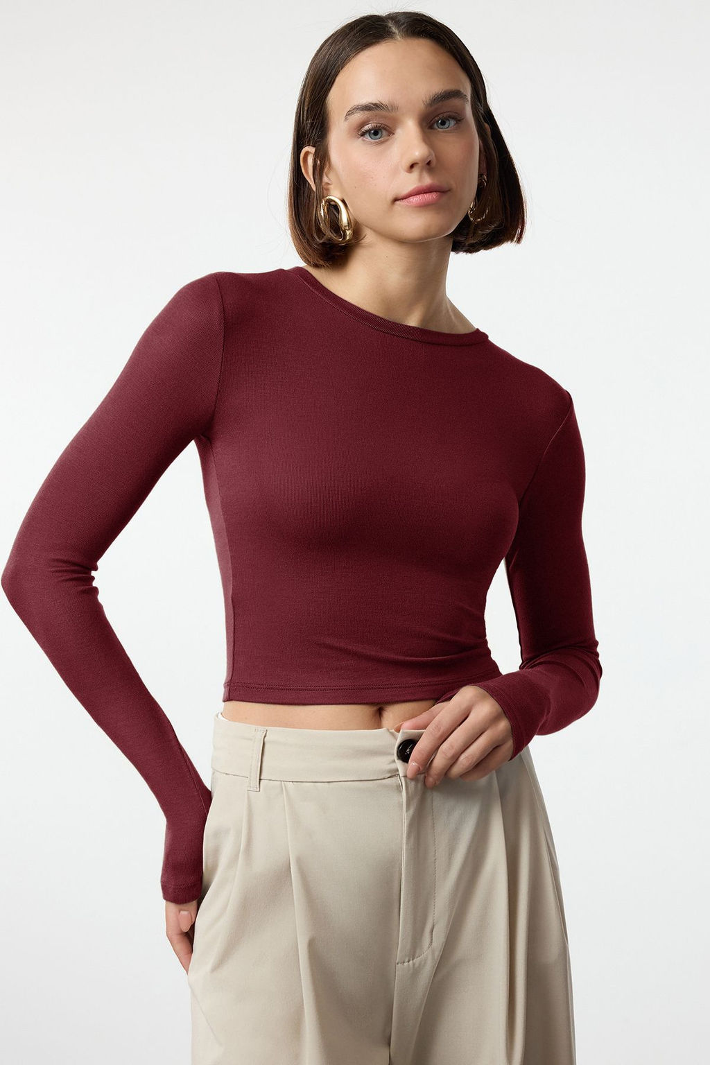 Bordo Premium Viskon Bisiklet Yaka Crop Esnek Orme Bluz TWOAW24BZ00116