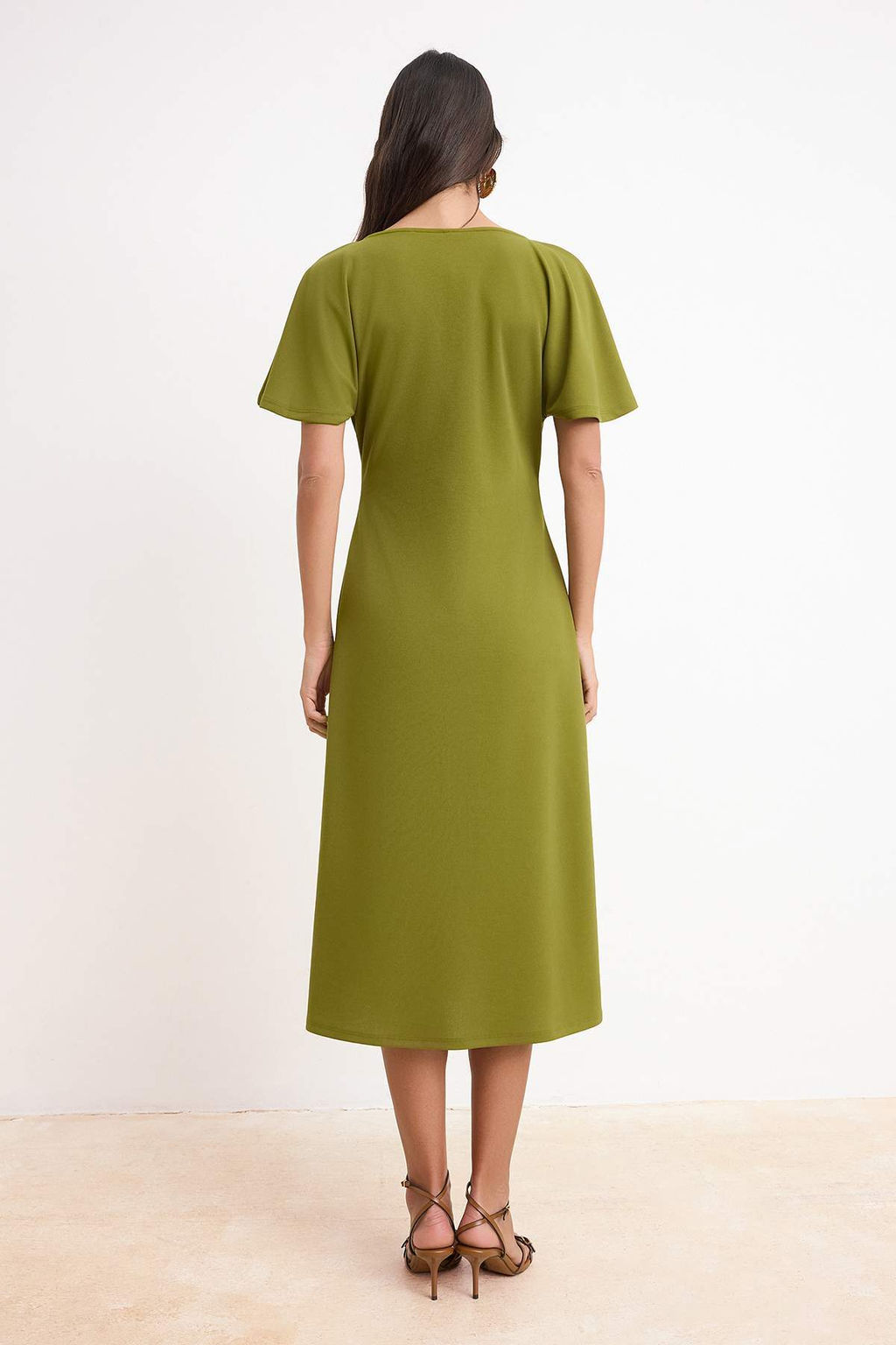 Yag Yesil Bodycon V Yaka Melek Kol K?sa Kollu Krep Orme Elbise TWOSS26EL00471