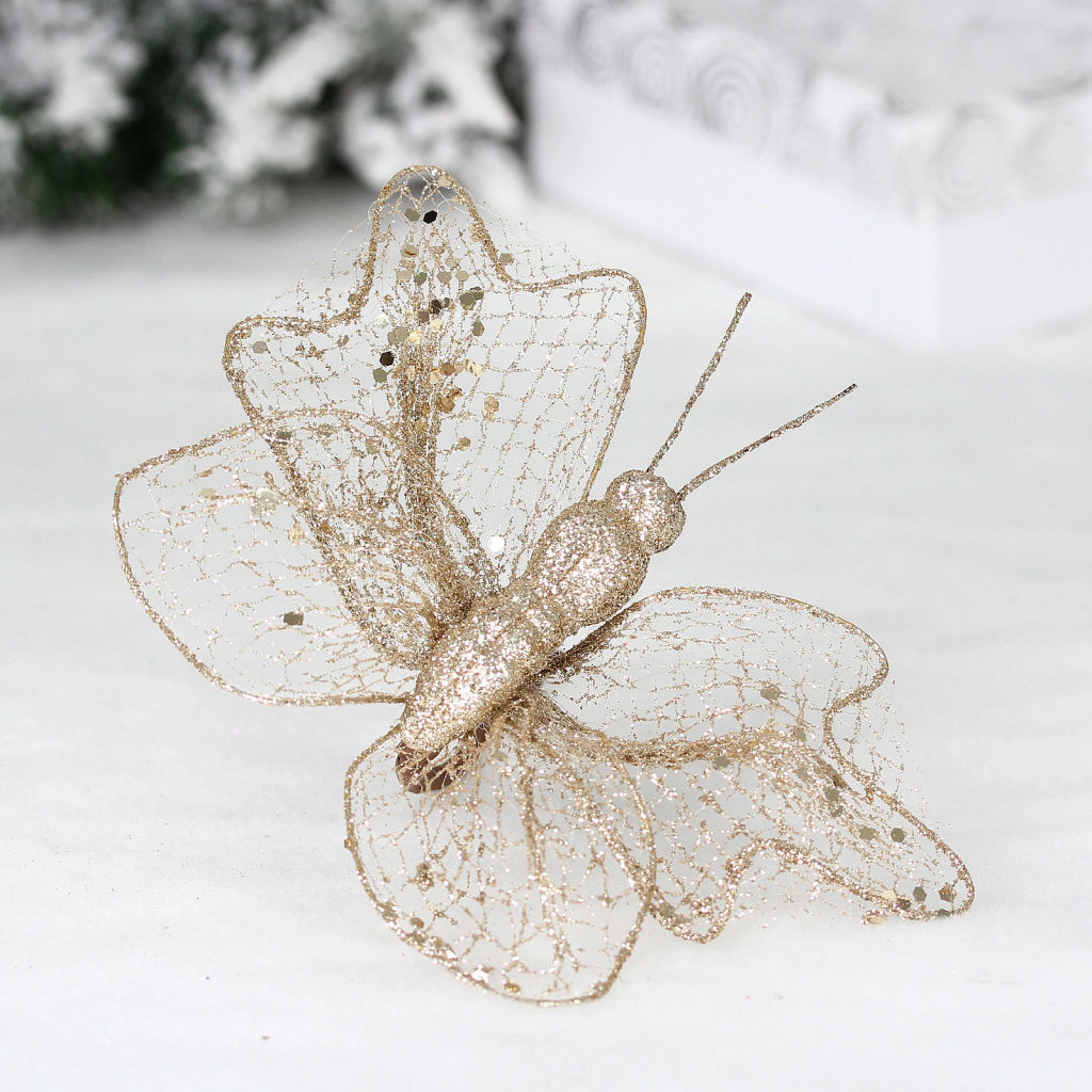 Цена за 2шт. Украшение новогоднее "Сияющая бабочка" 18*15 см, Шампань