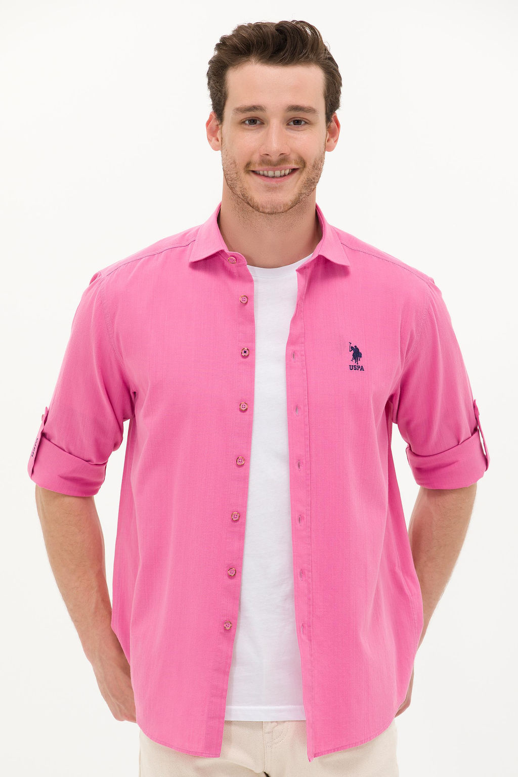 U. S. Polo Assn Мужская розовая базовая рубашка из льна - U.s. polo assn фото 3