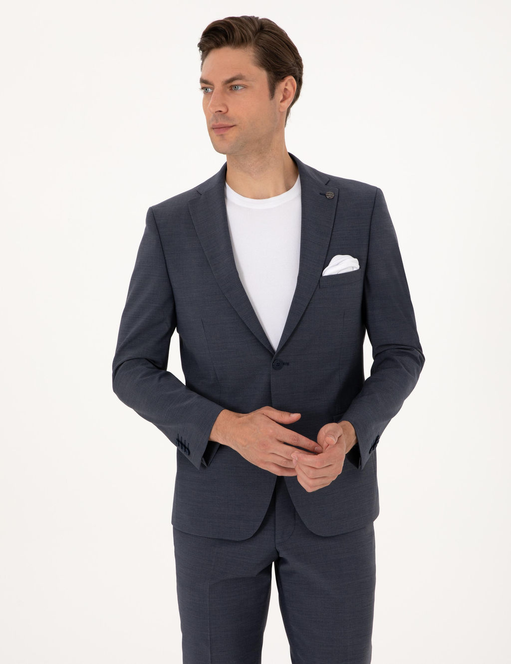 Koyu Mavi Slim Fit Y_n Kar___ml_ Tak_m Elbise