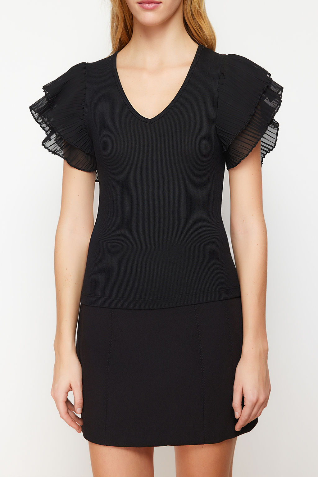 Siyah Kollar? Tul Detayl? Fitted/Vucuda Oturan V yaka Esnek Orme Bluz TWOSS24BZ00029 - Trendyolmilla фото 6