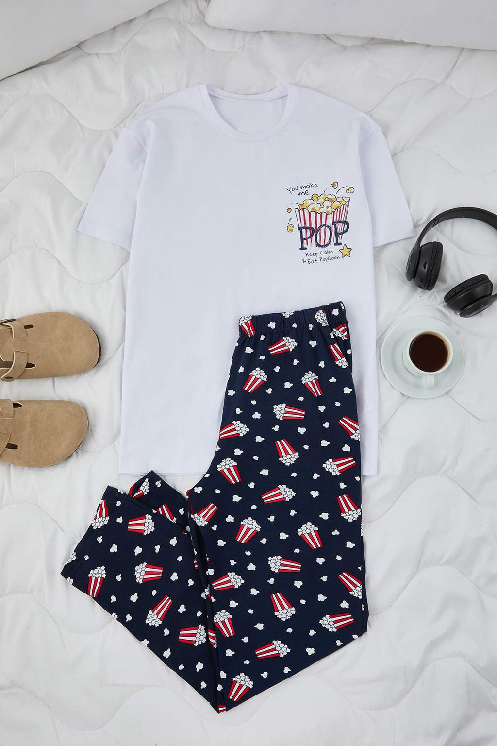 Beyaz Regular Fit Pamuklu Popcorn Desenli Uzun Pijama Tak?m? TMNAW26PT00053 - Trendyolmilla фото 2