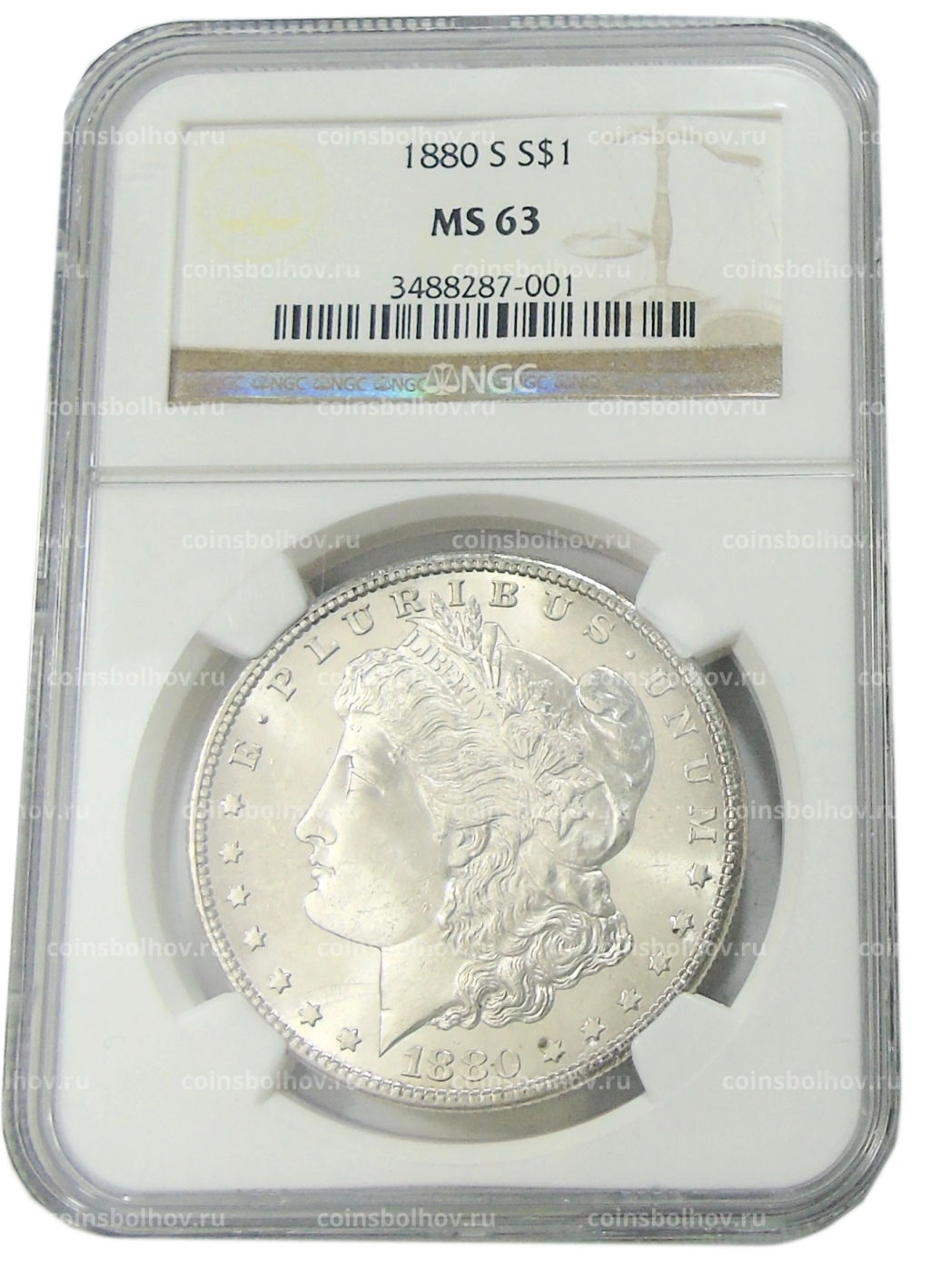1 доллар 1880 года S США Доллар Моргана (в слабе NGC MS 63)
