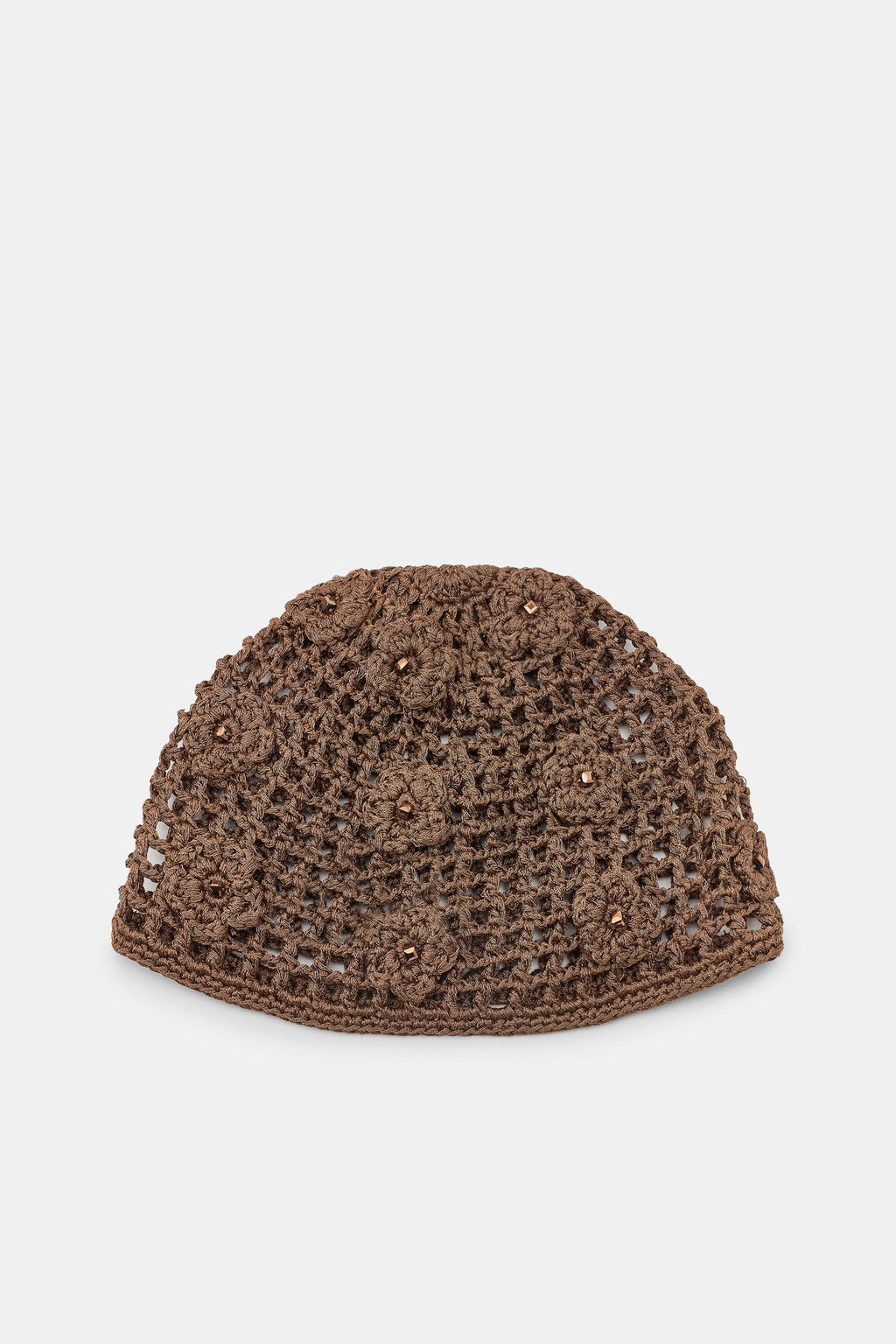 GORRO CASQUETE CROCHET FLORES ABALORIOS / Tostado oscuro
