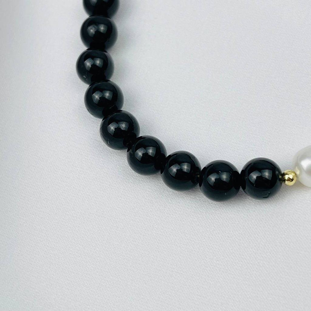 Браслет из черного Турмалина "Шерл",Малахита и Жемчуга 18 см +