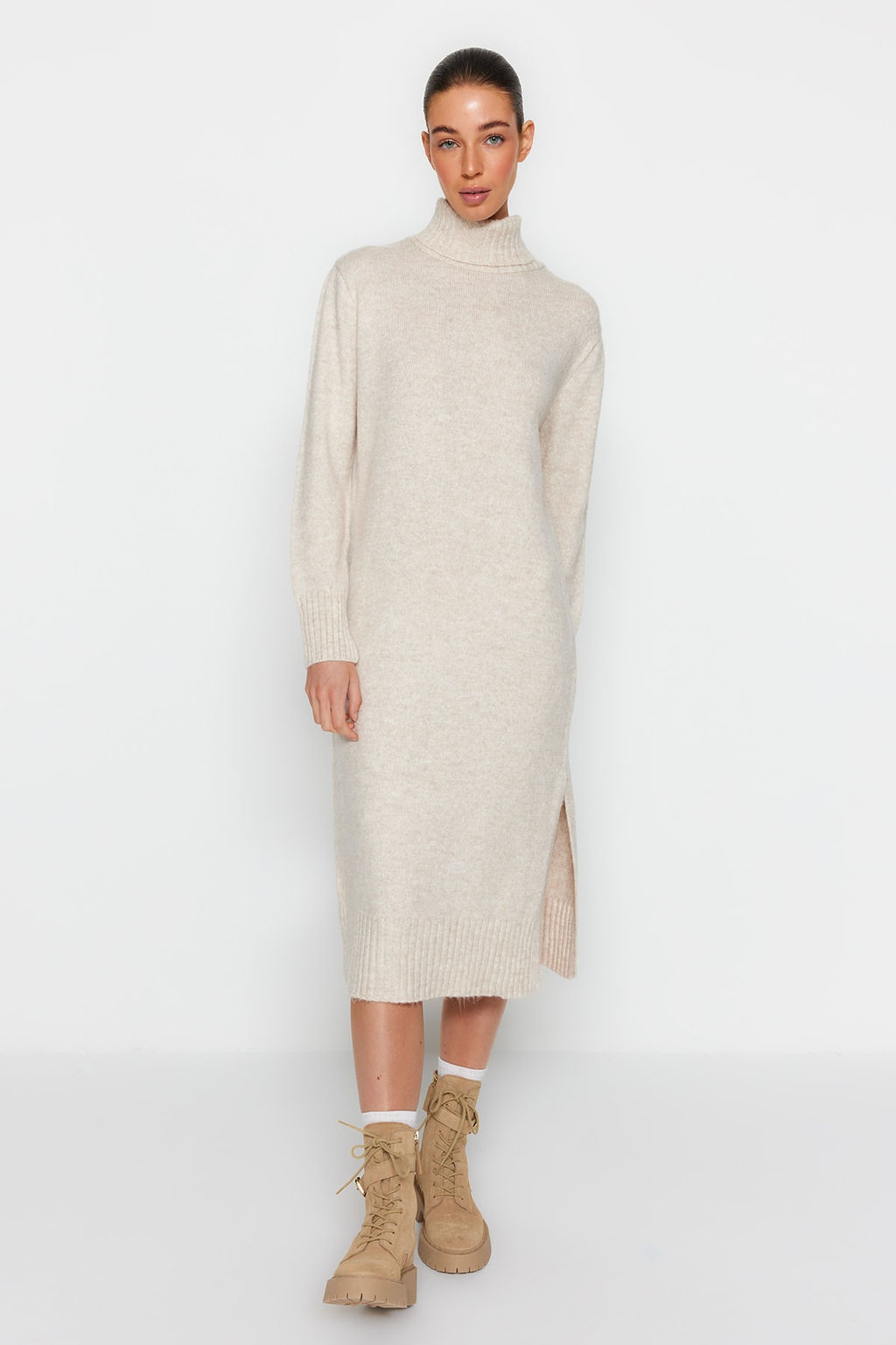 TRENDYOLMILLA Camel Midi Triko Genis Kal?p Yumusak Dokulu Elbise TWOAW24EL00034 фото 15