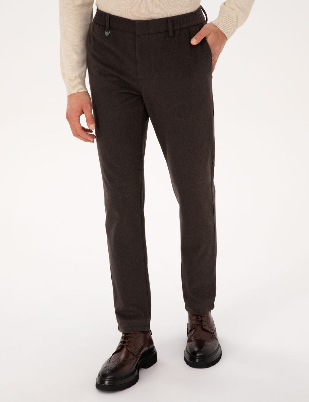 Kahverengi Slim Fit Flanel Dokulu Kuma_ Pantolon