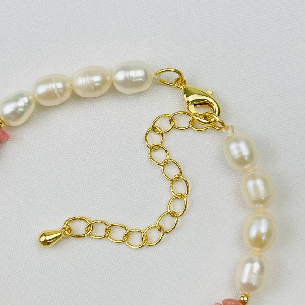 Браслет из Родохрозита и Жемчуга с подвеской "Сердце" 18,5 см +