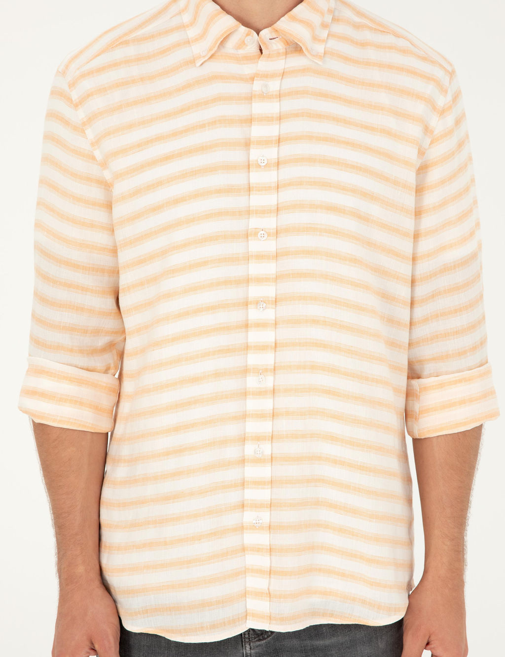 Turuncu Keten Kar___ml_ Slim Fit Uzun Kollu G_mlek