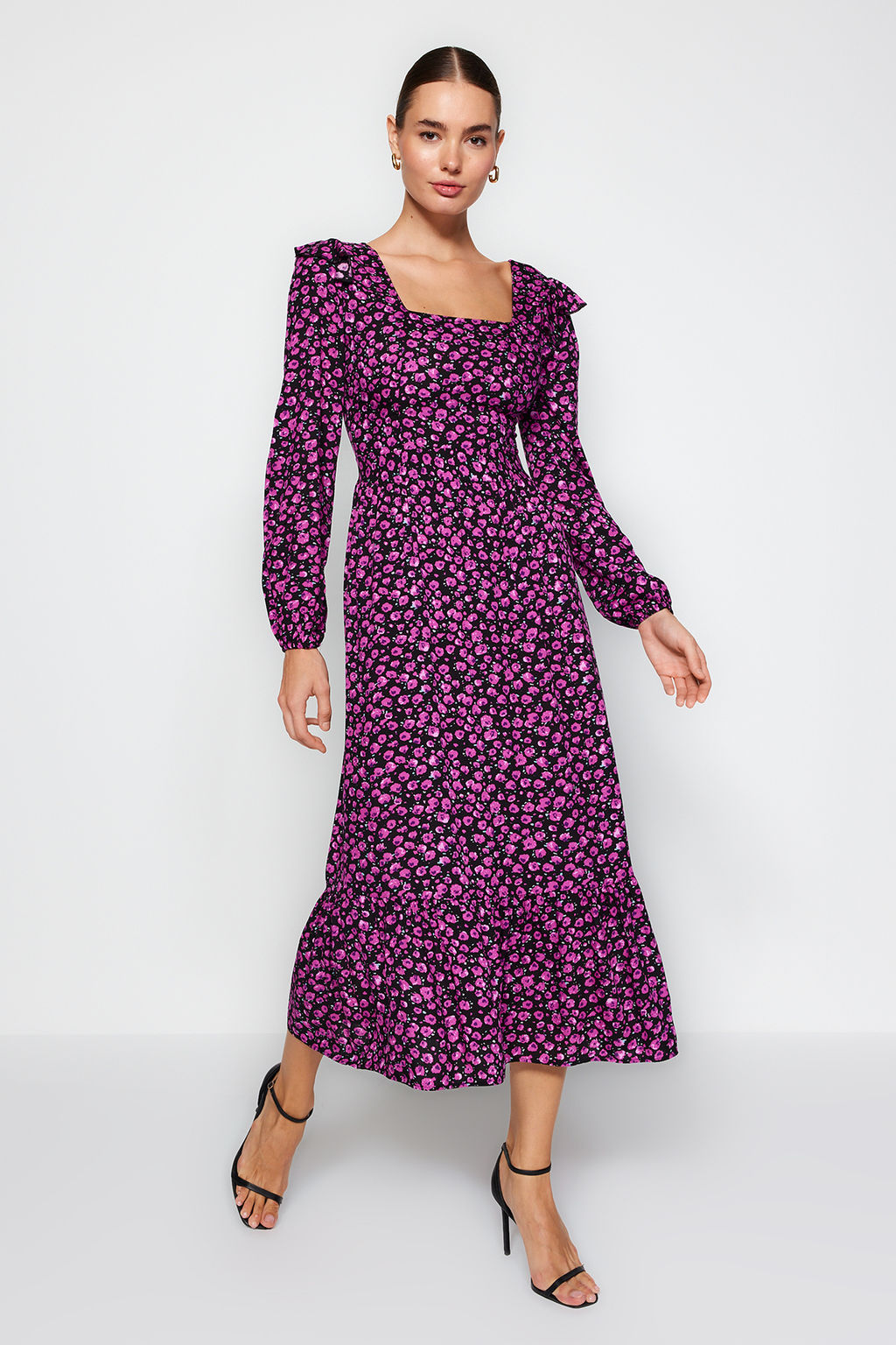 TRENDYOLMILLA Kahverengi Cicekli A Kesim F?rf?rl? %100 Viskon Dokuma Elbise TWOAW24EL00755  фото 3