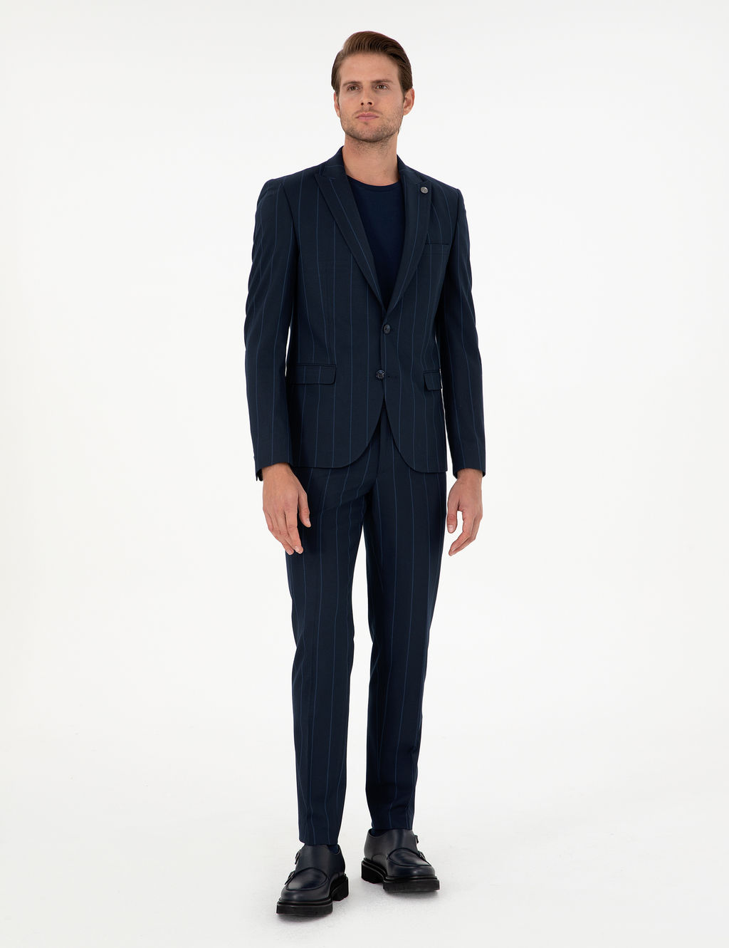 Lacivert Extra Slim Fit _izgili Tak_m Elbise