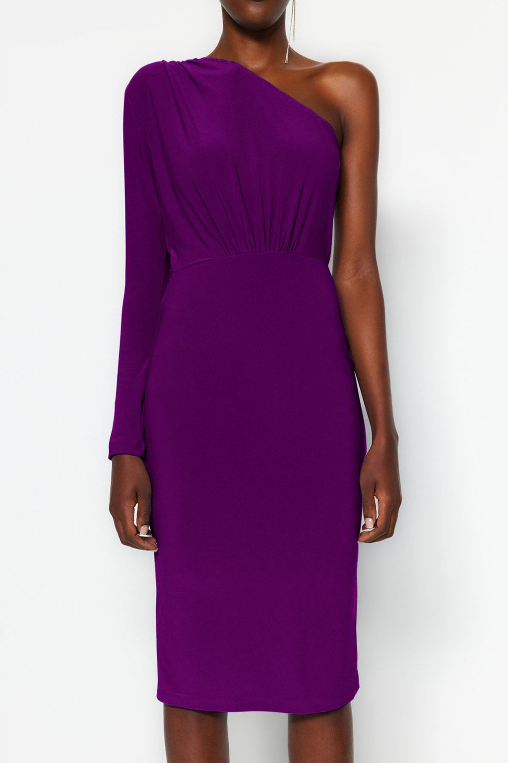 TRENDYOLMILLA Siyah Drape Detayl? Tek Omuzlu Fitted/Vucuda Oturan Midi Esnek Orme Elbise TWOAW24EL00123 фото 14