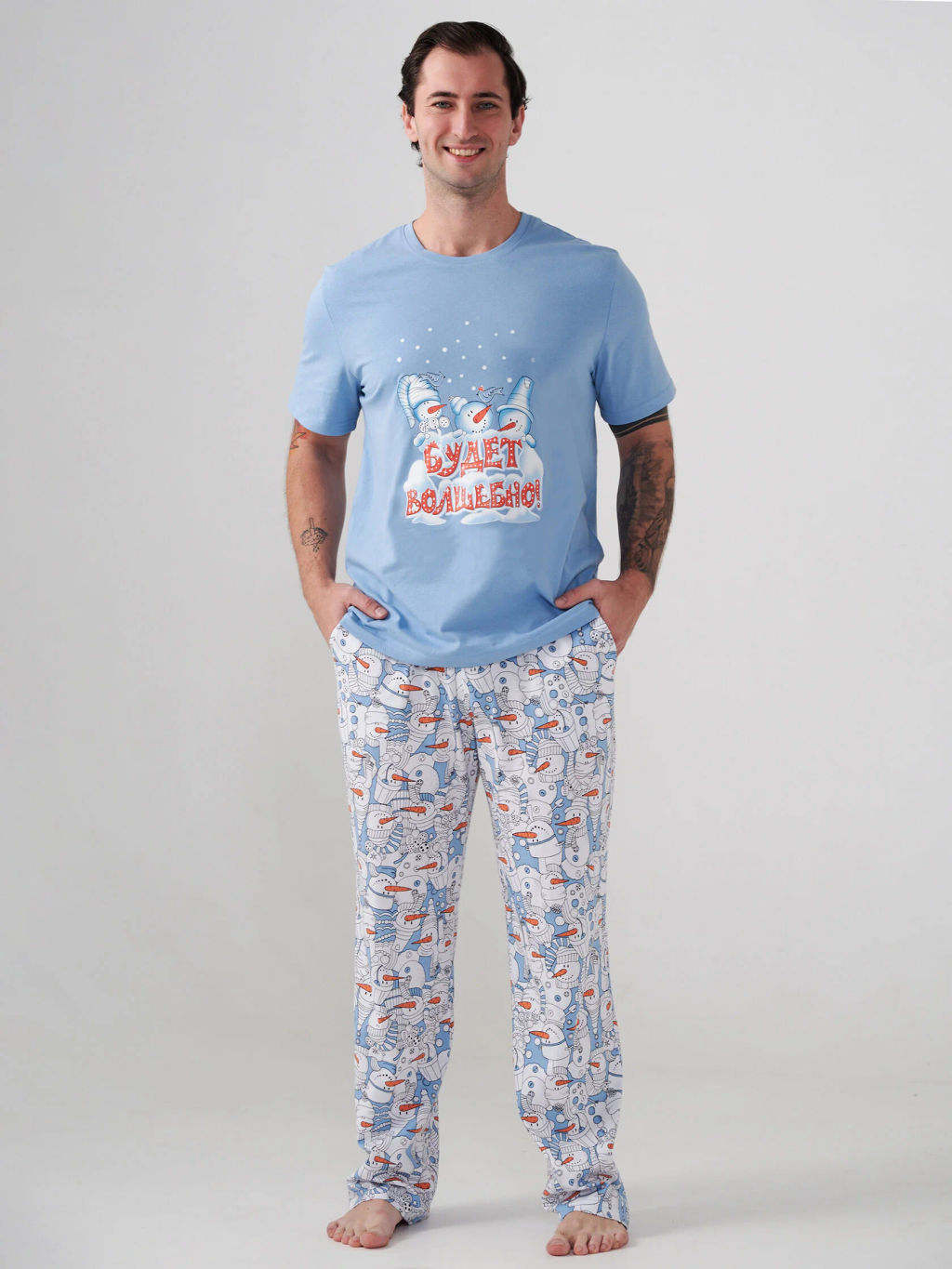 Пижама парная мужская 100% хлопок Снеговик - Оптима фото 4