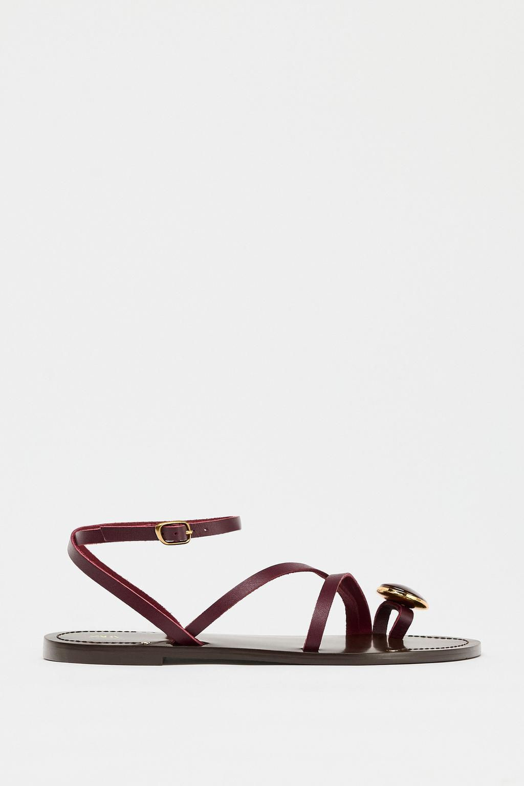 FLAT LEATHER SANDALS WITH STRAPS AND DECORATION - Zara фото 3