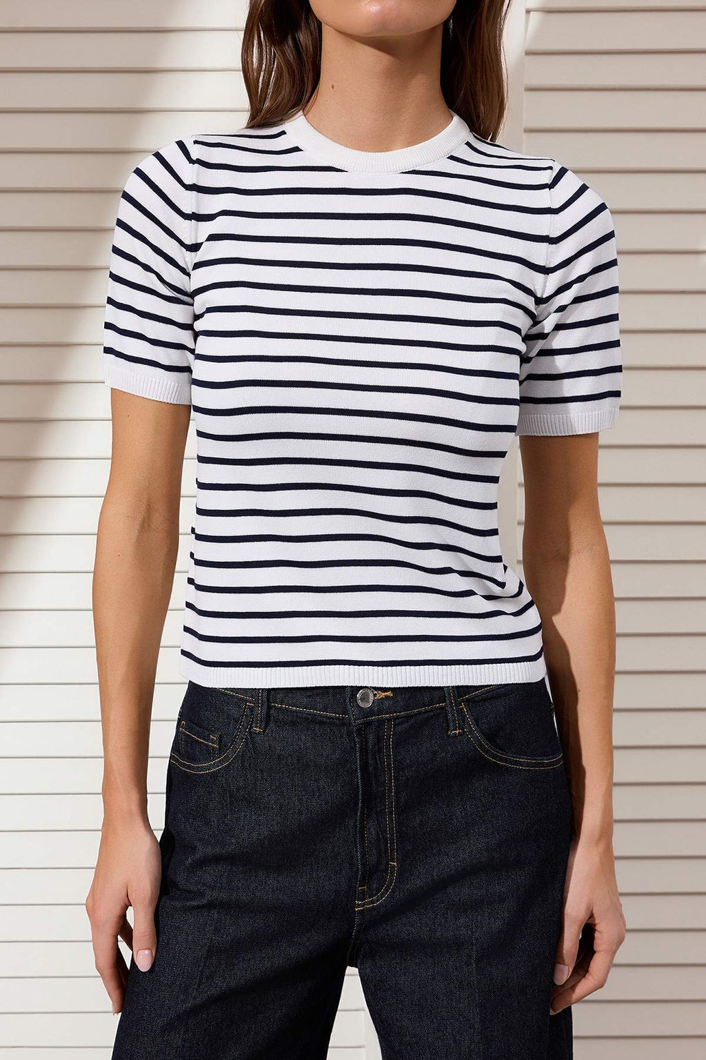 Ekru Cizgili Basic Viskon Kar?s?ml? Triko Ince Bluz TWOSS25BZ00488