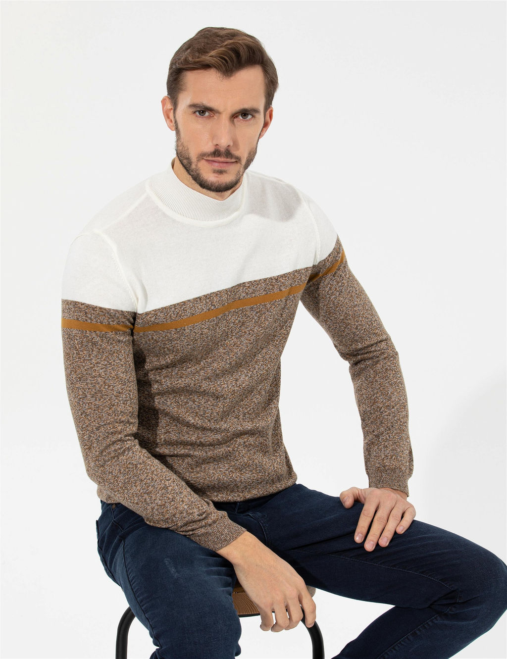 Kahverengi Slim Fit Bal_k__ Yaka Triko Kazak