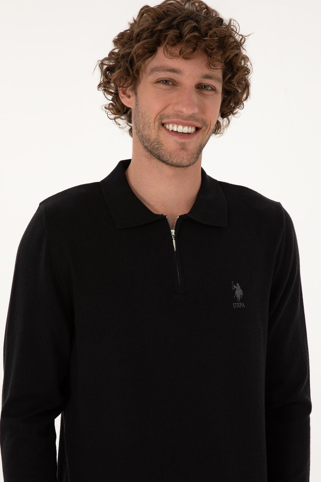 Erkek Slim Fit Yar_m Fermuarl_ Polo Yaka Siyah Kazak