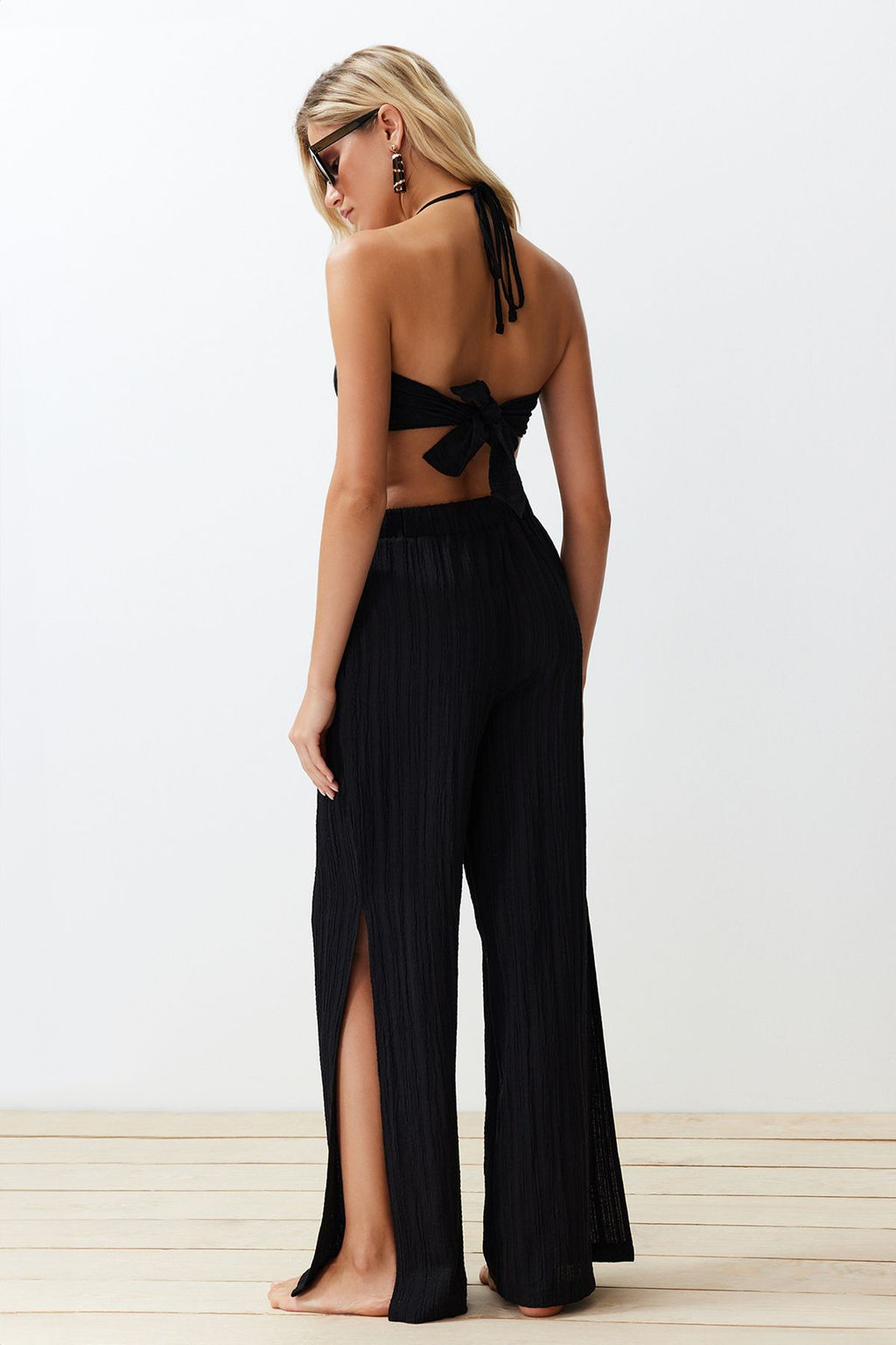 Siyah Dokuma Keten Kar?s?ml? Bluz Pantolon Plaj Tak?m TBESS24AU00030