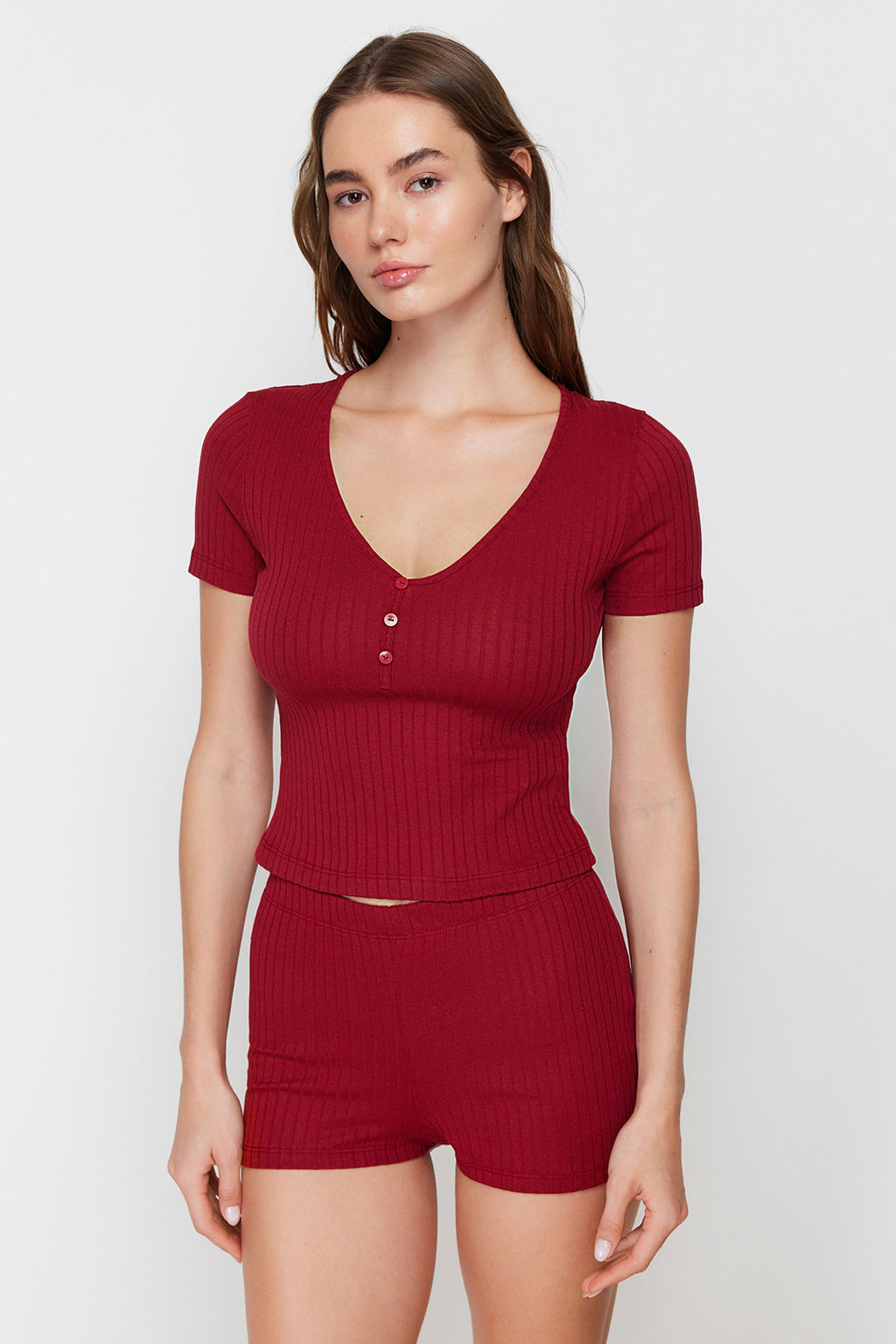 Trendyolmilla Bordo Dugme Detayl? Fitilli Sortlu Orme Pijama Tak?m? THMSS24PT00097 фото 13