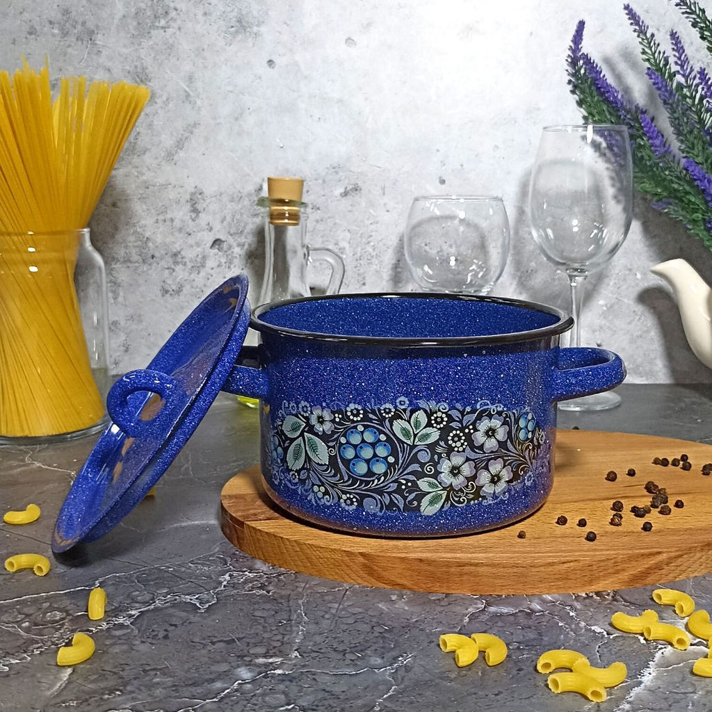 Кастрюля 1,5л 1с15 цвет синий с зерном, рисунок голубика - Стальэмаль фото 3