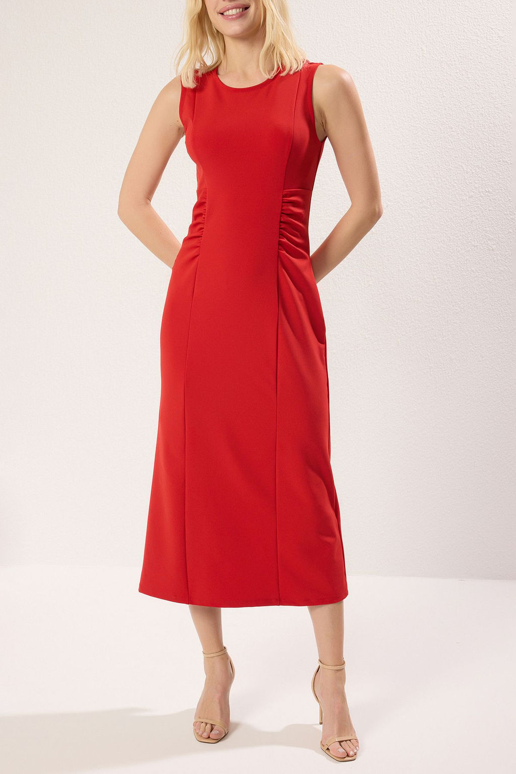 Kahverengi Buzgu/Drape Detayl? Bodycone/Vucuda Oturan Ay Kol Midi Orme Elbise TWOSS25EL00229 - Trendyolmilla фото 9