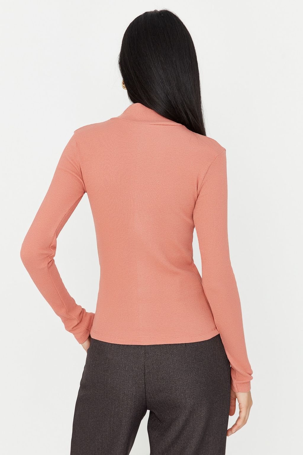 Gul Kurusu Fitted/Vucuda Oturan Dik Yaka Uzun Kol Fitilli Esnek Orme Bluz TWOAW21BZ0423