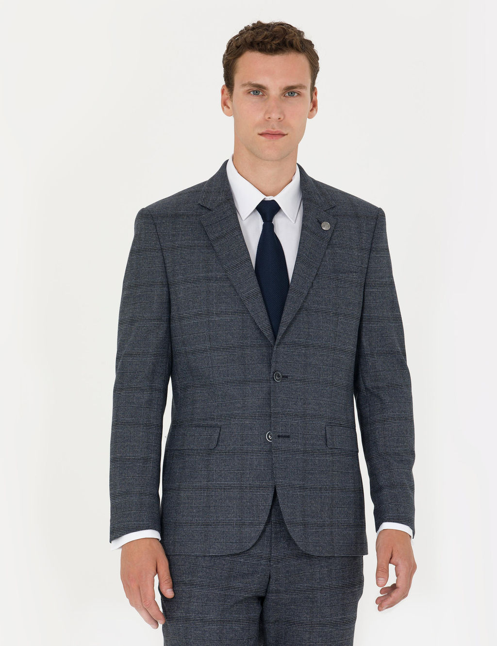 Lacivert Slim Fit Ekose Tak_m Elbise